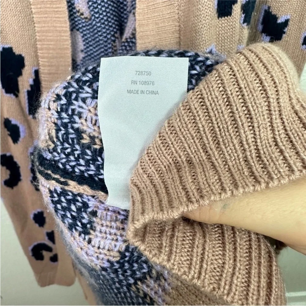 G by Giuliana Duster Cardigan Leopard Print Brown Black Knit Sweater Lilac Large
